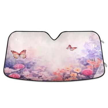 Imagem de ATTX Para-brisa de carro de borboletas cor-de-rosa 134.6 cm x 59.7 cm escudo solar universal com proteção UV, persiana de janela frontal automática dobrável para caminhões Sedans SUVs #878