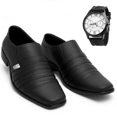 Imagem de Sapato Social Masculino Italiano Couro com Tiras Decorativas, Preto, Solado Borracha, Estilo Clássico Formal (Sapato + Relógio, BR, Adulto, Numérico, 38)