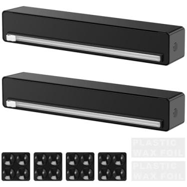 Imagem de Pacote com 2 caixas de corte de plástico com lâmina deslizante e ventosas, dispensador reutilizável para filme aderente, folha de alumínio, papel encerado, bancada de cozinha e organizador de parede