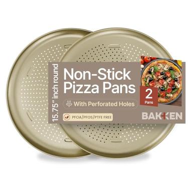 Imagem de Bakken Forma antiaderente de pizza de 40,6 cm, pacote com 2, bandeja redonda de aço carbono com furos perfurados, livre de PFOA, PFOS e PTFE, segura para lava-louças e forno de até 232 °C