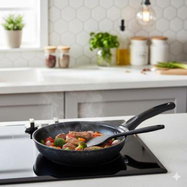 Imagem de Frigideira Antiaderente 20cm multiuso Alumínio Indução Gás Elétrico Cabo Baquelite Cozimento Uniforme frita pouco óleo