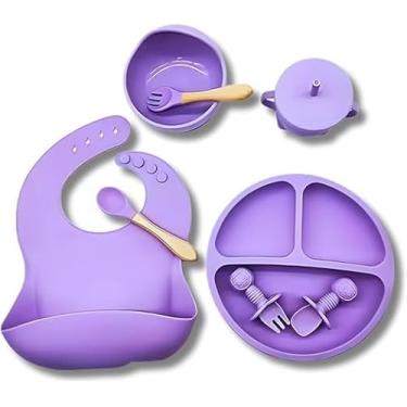 Imagem de Kit Introdução Alimentar 8 Peças, Conjunto de Silicone com Prato Divisória, Babador, Copo com Alça, Tigela com Ventosa, Talheres (Cores Variadas) (ROXO)