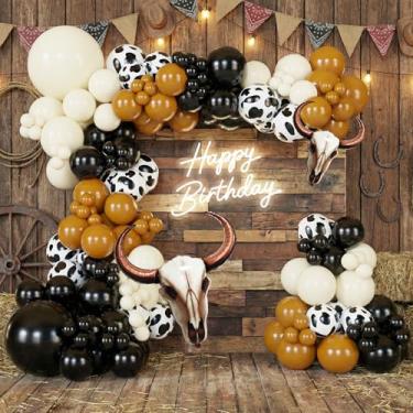 Imagem de BlissBash Kit de guirlanda de arco de balão ocidental de 138 peças com estampa de vaca preta, marrom, branco, balões de cabeça de touro para pano de fundo de festa com tema de caubói, decorações de