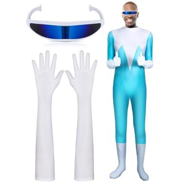 Imagem de Croloose 2 peças de acessório de fantasia de Halloween, inclui luvas de cetim branco e óculos monobloco espelhado, fantasia futurista, luvas de cetim, comprimento até o cotovelo para homens e mulheres