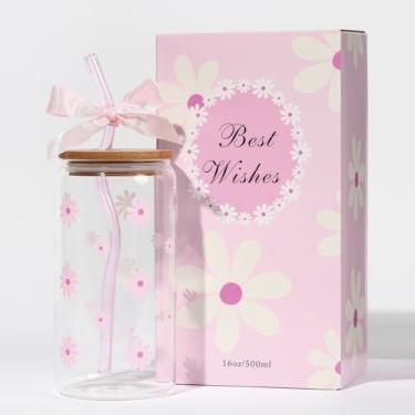 Imagem de Copos de vidro fofos com tampas e canudos, xícara de café gelada margarida, canecas de café fofas, caneca estética rosa copo para aniversário, dia das mães, Natal, dia dos namorados, amante de café