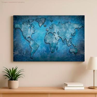 Imagem de Quadro Decorativo Mapa Mundi Moderno, Arte em Canvas, Azul Profundo, Estilo Vintage Texturizado, 60x40 cm