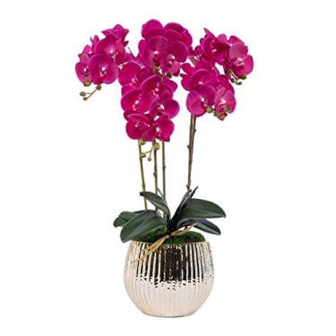 Imagem de Conjunto de flores artificiais, flores artificiais com plantador Phalaenopsis grande, orquídea artificial em vaso, flor falsa para sala de estar