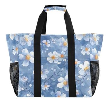 Imagem de Wassud Sacolas de compras reutilizáveis com flores brancas grande bolsa organizadora de lona impermeável para praia, piquenique, lavanderia, viagem