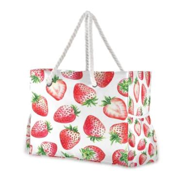 Imagem de Wassud Bolsa de praia vermelha, grande, de morango, para mulheres, impermeável, à prova de areia, bolsa de viagem com zíper e bolso para piscina, academia, acampamento