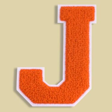 Imagem de QianSiLi Adesivos de letras universitárias de chenille laranja de 11 cm, letras grandes para jaquetas Letterman, moletons com capuz, mochilas, coletes, roupas, adesivos individuais da letra J