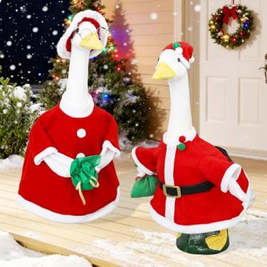Imagem de JarThenaAMCS Conjunto de 2 conjuntos de roupas de Natal de ganso de Papai Noel e Sra. Claus Ganso para fantasia de 58 cm para decoração de jardim ao ar livre de Natal