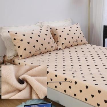 Imagem de MAG Jogo de cama casal casal de flanela com coração de amor, amor, amor, amor, romântico, fofo, quente, supermacio, para mulheres e homens, com 1 lençol com elástico + 2 fronhas.