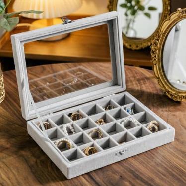 Imagem de Caixa de joias de veludo, organizador de anel de joias com 24 grades, suporte de bandeja, brincos, estojo de armazenamento para meninas, esposa, mãe, mulheres, cinza