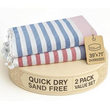 Imagem de LANE LINEN Toalha de praia 100% algodão com saco Toalhas de 2 peças de grandes dimensões 99 cm x 180 cm absorvente de piscina extra grande toalha de viagem de areia de secagem rápida - listra