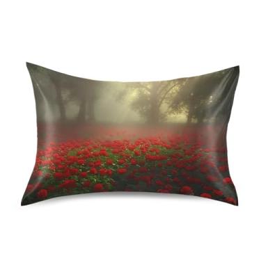 Imagem de Qilmy Fronha de cetim rosas vermelhas tamanho padrão 50 x 66 cm, capa de almofada de seda refrescante para cabelo e pele, fronha respirável macia com fecho de envelope