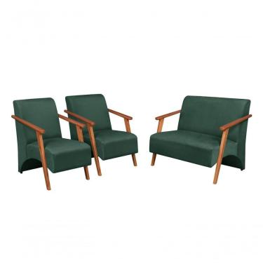 Imagem de Conjunto Venus Braços Em Madeira Maciça 1 Namoradeira 2 Poltronas Suede Unidecor Verde