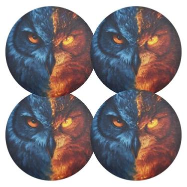 Imagem de Conjunto de 4 tapetes de mesa de cozinha de coruja laranja azul, 38 cm, lavável, jogo americano de PVC redondo, para mesa de jantar, mesa de cozinha