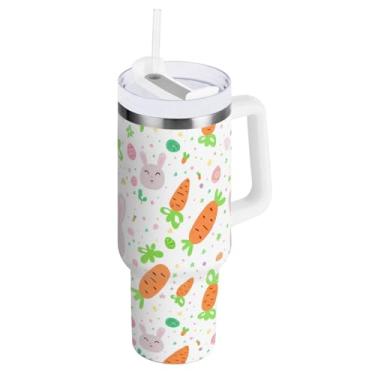 Imagem de ODAWA Copo de água grande com isolamento de cenoura de coelho fofo com alça e tampa de palha, copo isolado de aço com tampa 2 em 1