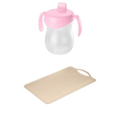 Imagem de Kit 1 Tábua Cinza Plástica de Corte Pequena + 1 Garrafa Infantil 310ml Plástica Atóxica Rosa