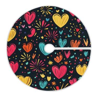 Imagem de Wassud Saia para árvore de Natal, corações coloridos e fogos de artifício, decorações de árvore de Natal, enfeites de Natal, tapete de árvore pequena para decoração de festa de ano novo, 91 cm