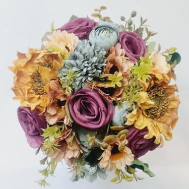 Imagem de Buquê de Noiva Artificial 30cm – Flores de Seda com Pérolas para Casamentos e Damas de Honra(Roxo/Azul/Girassol)