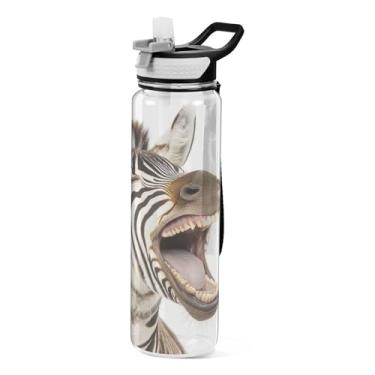 Imagem de ODAWA Garrafa esportiva transparente Laughing Zebra de 946 ml com canudo e alça Tritan Jarro de água reutilizável de 1 litro