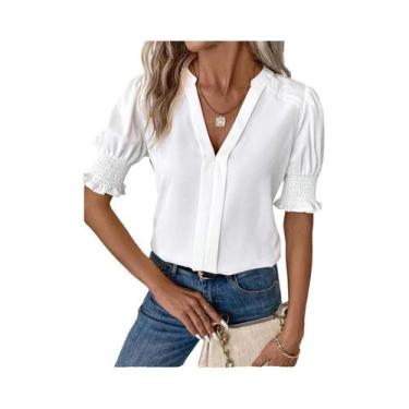 Imagem de Blusa Casual Feminina De Verão Com Decote Em V E Mangas Bufantes, Cami