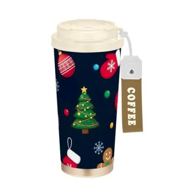 Imagem de TSENQUE Copo de café de viagem 473 ml com canudo e tampa, caneca de café de aço inoxidável à prova de vazamento para escritório, escola, festa, acampamento, festival de Natal, árvores pretas