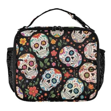 Imagem de Joisal Lancheira colorida com caveiras de açúcar floral preta para mulheres, lancheira personalizada para meninas, crianças, homens, lancheira para trabalho, rosa, divertida bolsa térmica para meninos