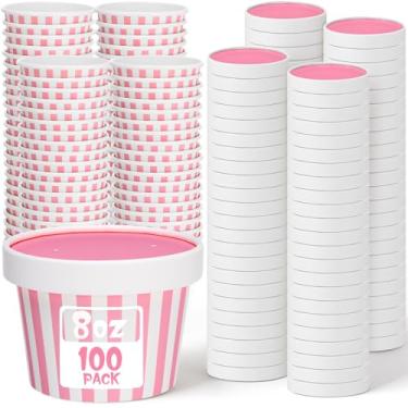 Imagem de Fulmoon Pacote com 100 recipientes de sopa de papel com tampas, recipientes de papel descartáveis para alimentos com tampas ventiladas, tigelas de sorvete, copos de sorvete, copo de sopa para