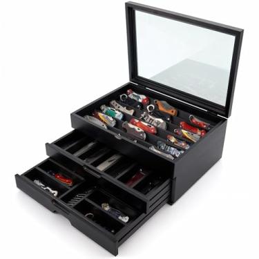 Imagem de AUTOARK O estojo de exibição de facas comporta mais de 43 facas, organizador de madeira grande de 3 camadas com tampa de vidro e gaveta, presente para homens, preto, AHK-074