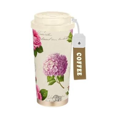 Imagem de TSENQUE Copo de café de viagem de 473 ml com tampa de canudo e filp, canecas de café de parede dupla isoladas a vácuo com revestimento cerâmico, flores roxas florais rosa vintage