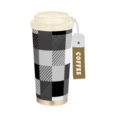 Imagem de Caneca de viagem de café 40 ml com canudo e tampa, revestimento cerâmico, isolada a vácuo, caneca de café de aço inoxidável à prova de vazamento, tabuleiro de xadrez alternado preto