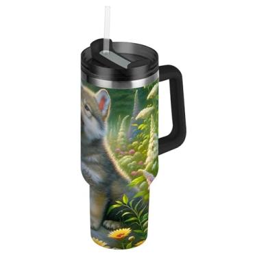 Imagem de Joisal Copos com tampa e canudo fofo lobo floral grama verde copo com alça 1,134 g rosa bonito garrafas de água isolado copo de aço inoxidável para quente e frio