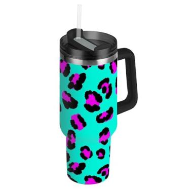 Imagem de Copos de aço inoxidável com tampa e canudo rosa leopardo preto manchas azul-petróleo xícaras de café quente para carro rosa bonito copo de 850 g com alça garrafa de água isolada