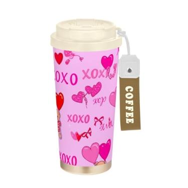 Imagem de TSENQUE Copo de café de viagem de 473 ml com tampa de canudo e filp, canecas de café de parede dupla isoladas a vácuo com revestimento cerâmico, corações de ursos fofos rosa