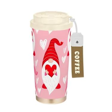 Imagem de TSENQUE Copo de café de 473 ml, copo de café com revestimento cerâmico com tampa e palha, copo isolado a vácuo de aço inoxidável, desenho animado rosa de gnomos fofos