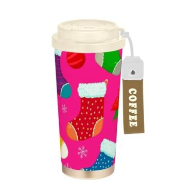 Imagem de TSENQUE Caneca de café de viagem de 473 ml com tampa de canudo e filp, copos de parede dupla isolados a vácuo com revestimento cerâmico, meias coloridas rosa