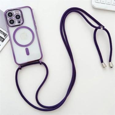 Imagem de Capa de celular transparente com cordão e revestimento Crossboby para iPhone 16E 16 15 14 13 12 Pro Max, colar magnético, capa com cordão, roxa, para iPhone 15 Pro