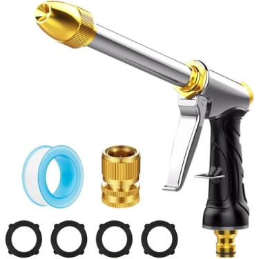 Imagem de Pulverizador de bocal de mangueira de jardim resistente - Pistola de água de alta pressão 100% metal com modos de pulverização ajustáveis, ponta de latão e conectores rápidos, aderência antiderrapante