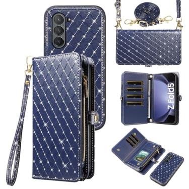 Imagem de Capa de celular para Samsung Galaxy Z Fold 5 5G 2023 com zíper carteira destacável com alça transversal alça de cordão bling glitter flip compartimento para cartão ZFold5 Z5 G Fold5 5Z mulheres homens