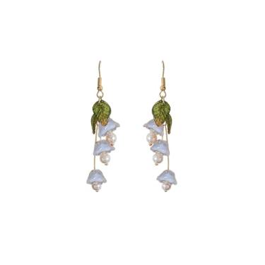 Imagem de Brincos com pingente de flor rosa para mulheres, brincos de pérolas fofas de ouro e borla de folha de sino multicamadas, presente de joia de presente de fada, Zinco, Pérola