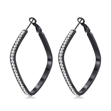 Imagem de CiNily Brincos geométricos de argola grande para mulheres adolescentes hipoalergênicos de aço inoxidável brincos quadrados de zircão cúbico multicolorido, argola média, joias banhadas em ouro, prata