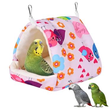 Imagem de Cama de pássaro para gaiola, rede de ninho de inverno quente com gancho de pendurar, acessórios para pássaros pequenos, periquitos, calopsitas, pássaros do amor, calopsitas, conures hamster (rosa, P)