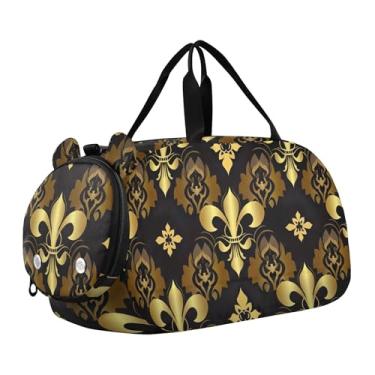 Imagem de Lindas bolsas de viagem Ogambás Branches verdes para viagens de fim de semana bolsa esportiva esportiva para meninos, Elegante flor dourada de lis, preta, Clássico