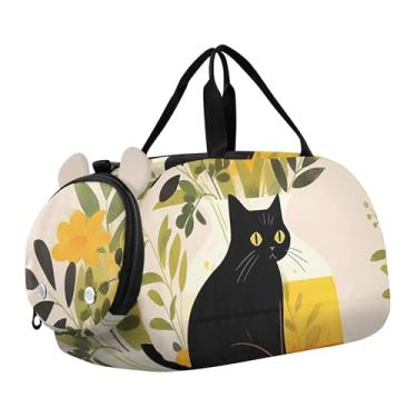 Imagem de Bolsa esportiva para meninos com borboletas roxas, bolsa esportiva de fim de semana, para uso noturno, para viagens, crianças, bolsa esportiva, Desenho decorativo gato preto, Clássico