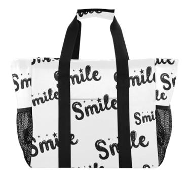 Imagem de Joitme Sacolas de mercearia reutilizáveis para piquenique, família, sorriso, estrelas, brilhantes, preto, branco, praia, bolsas para mulheres, fofas, grandes, dobráveis e dobráveis