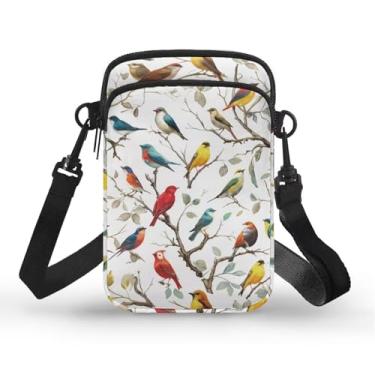 Imagem de CLOHOMIN Bolsa transversal para celular, mini bolsa tiracolo feminina e masculina com bolsos com zíper, Pássaro colorido
