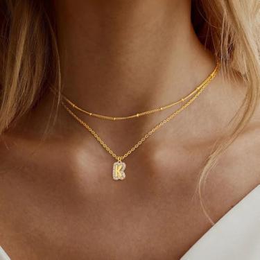 Imagem de Colar feminino banhado a ouro 14 quilates com pingente de letra bolha A-Z monograma moderno nome corrente ajustável personalizada joias presentes de aniversário para sua mãe, irmã, 15/17+2.5", Latão