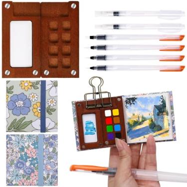 Imagem de Mini conjunto de paleta de aquarela portátil, conjunto de paleta de aquarela de viagem de artista de bolso, caixa de tinta quadriculada de madeira, bloco de papel aquarela, cadernos de esboços,